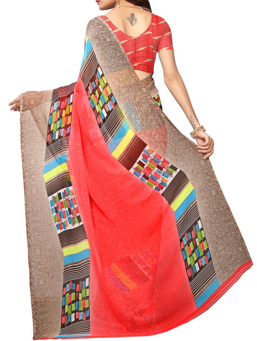 Contrast bordered printed saree with blouse - 15414355 - Zoom Image - 2