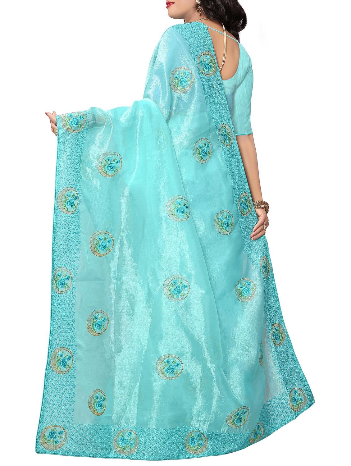 floral resham embroidered saree with blouse - 15414400 - Zoom Image - 2