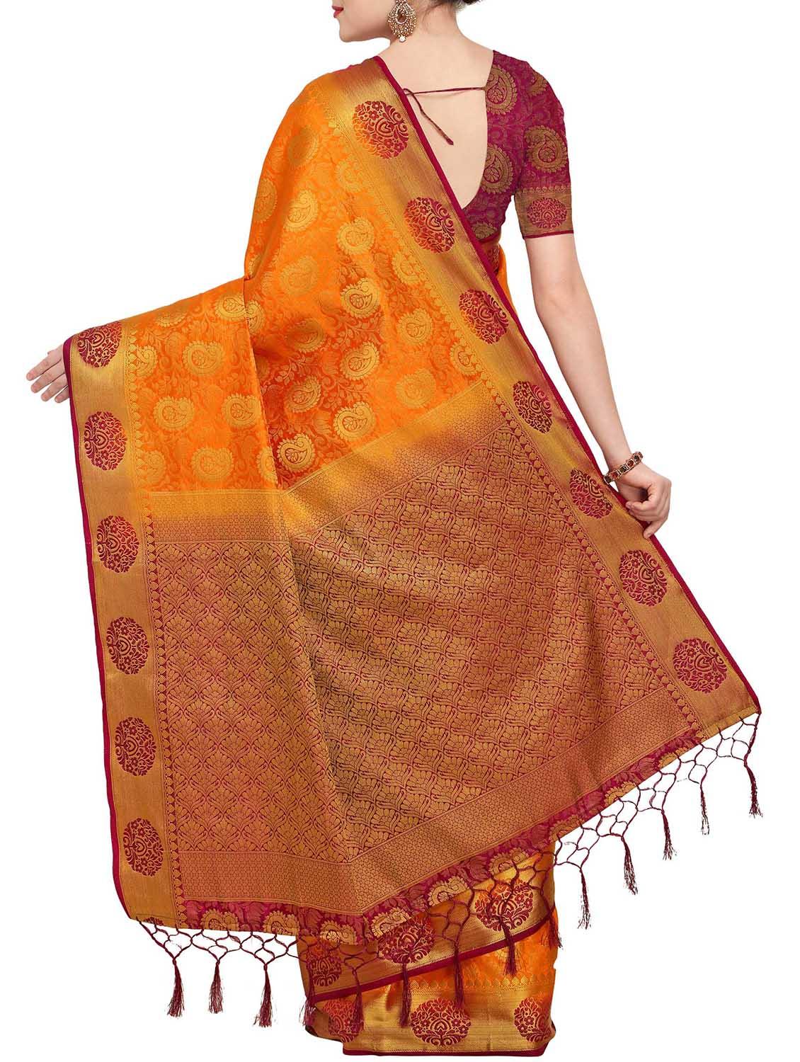 Golden paisley zari kanjivaram saree with blouse - 15415213 - Zoom Image - 2