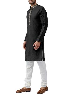 Black silk blend kurta pyjama set - 15415949 - Standard Image - 2