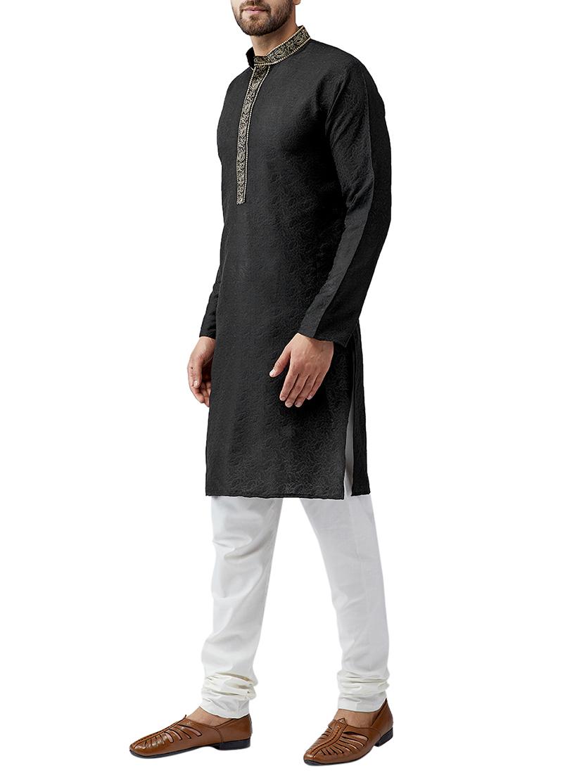 Black silk blend kurta pyjama set - 15415949 - Zoom Image - 2