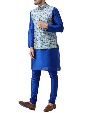 blue silk blend kurta pyjama set with nehru jacket - 15415957 - Standard Image - 2