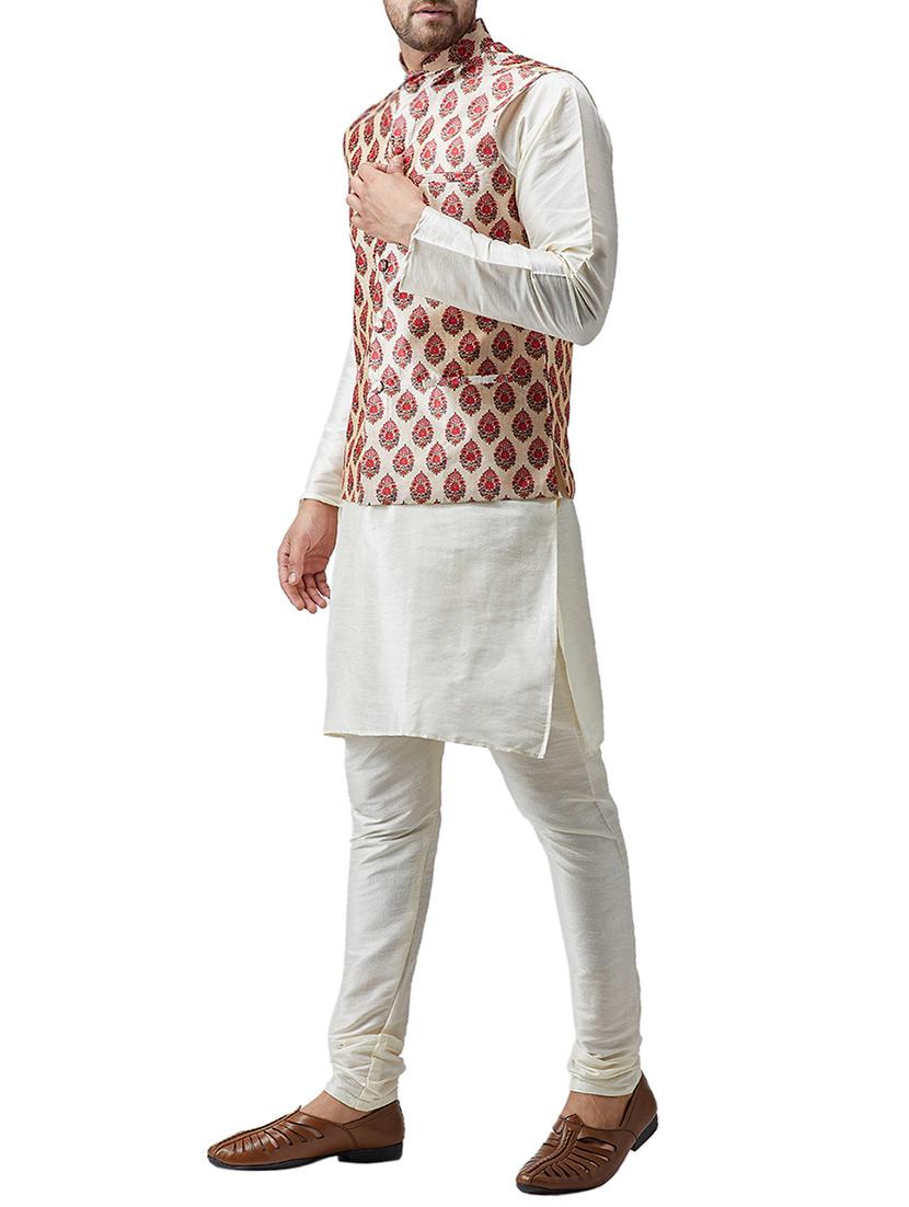 off white silk blend kurta pyjama set with nehru jacket - 15415960 - Zoom Image - 2