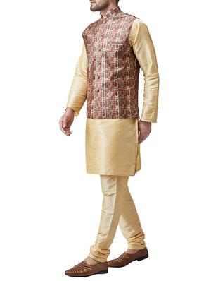 gold silk blend kurta pyjama set with nehru jacket - 15415973 - Standard Image - 2