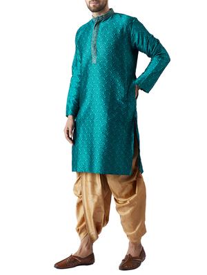 teal green and gold silk blend dhoti kurta set - 15416031 - Standard Image - 2