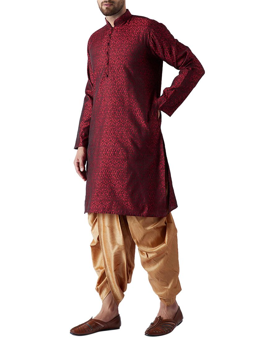 maroon and gold silk blend dhoti kurta set - 15416036 - Zoom Image - 2
