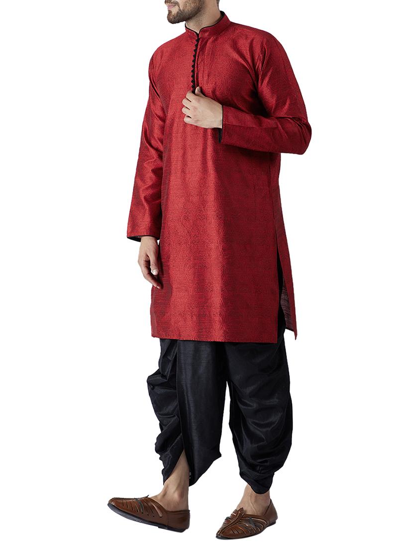 maroon and black silk blend dhoti kurta set - 15416041 - Zoom Image - 2
