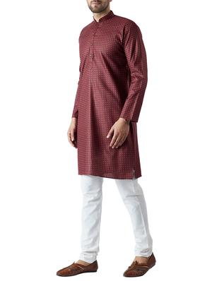 maroon and white cotton kurta pyjama set - 15416056 - Standard Image - 2