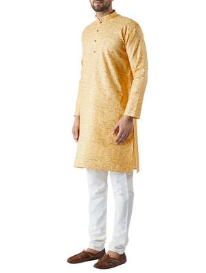 yellow and white cotton kurta pyjama set - 15416057 - Standard Image - 2