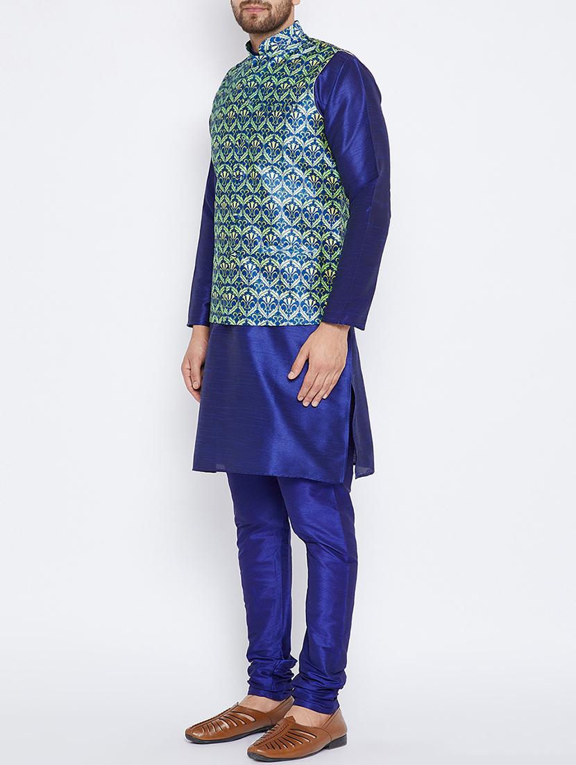 blue silk blend kurta pyjama set with nehru jacket - 15416075 - Zoom Image - 2