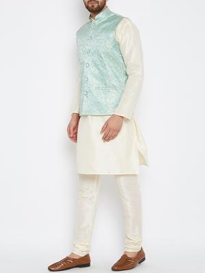 green and off white silk blend kurta pyjama set - 15416080 - Standard Image - 2
