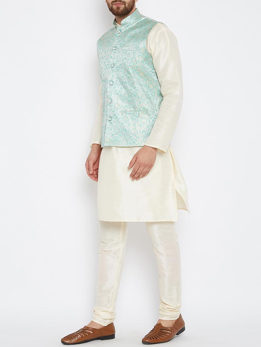 green and off white silk blend kurta pyjama set - 15416080 - Zoom Image - 2