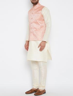 pink and off white silk blend kurta pyjama set - 15416081 - Standard Image - 2