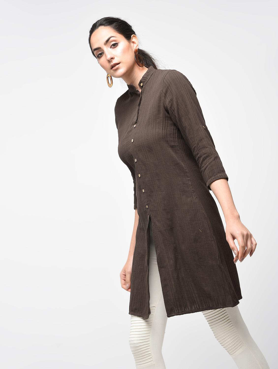 brown cotton aline kurti - 15416324 - Zoom Image - 2