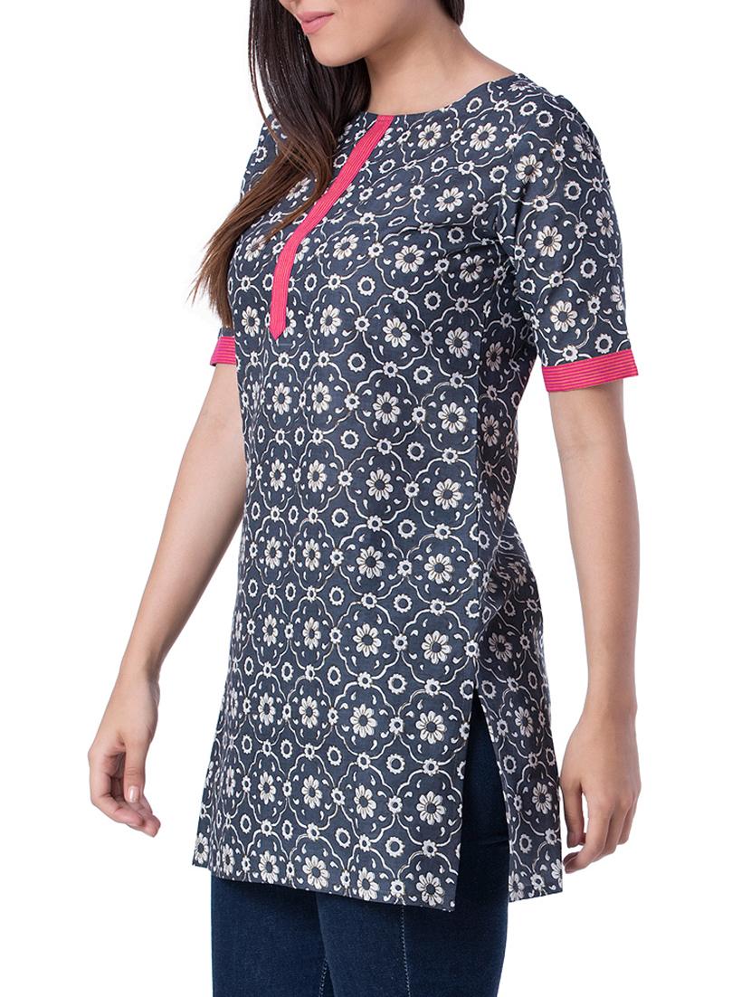 grey cotton straight kurti - 15417901 - Zoom Image - 2