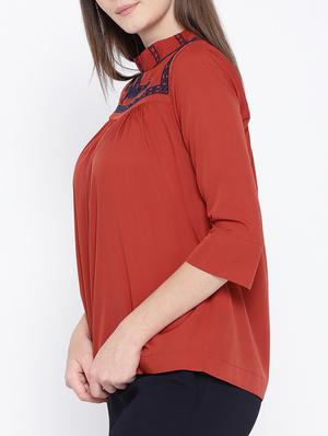 embroidered yoke mock neck top - 15418739 - Standard Image - 2