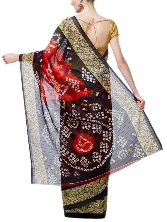 Contrast bordered bandhani saree with blouse - 15419487 - Zoom Image - 2