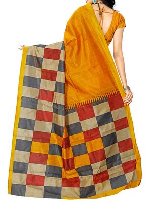 contrast checkered mustard bhagalpuri saree with blouse - 15420328 - Standard Image - 2