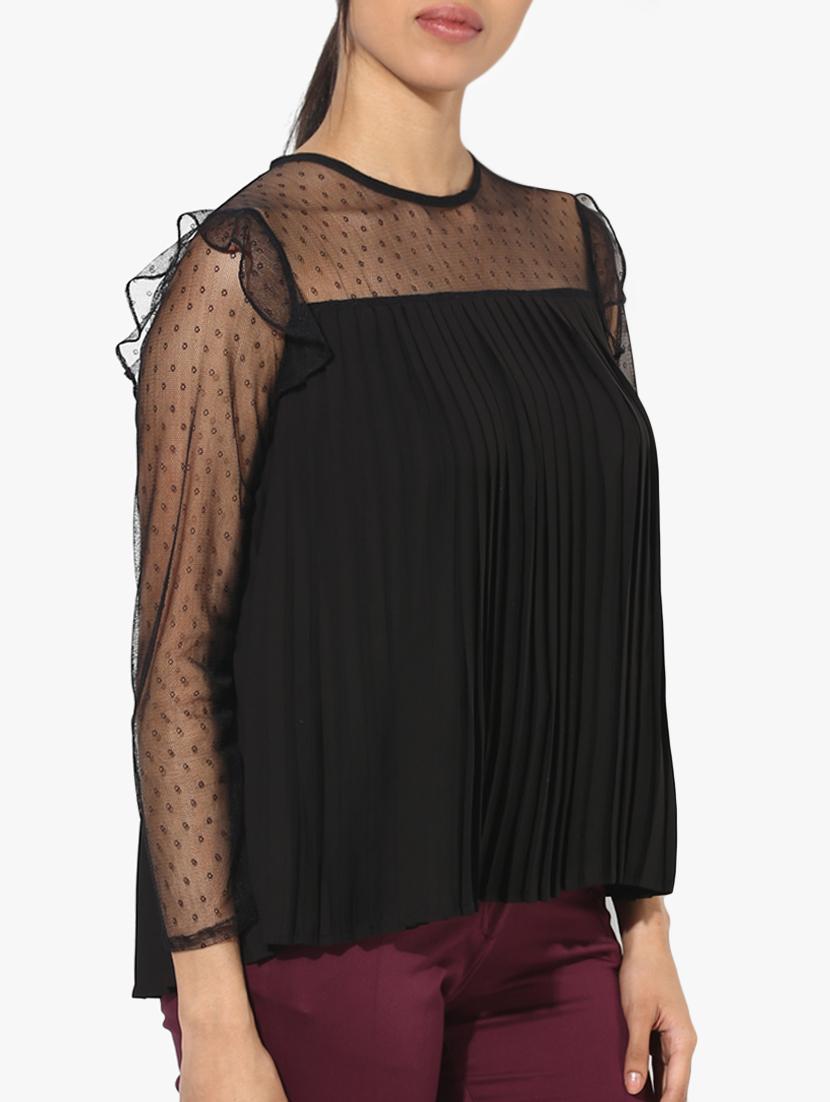 mesh yoke and sleeve pleated top - 15421704 - Zoom Image - 2