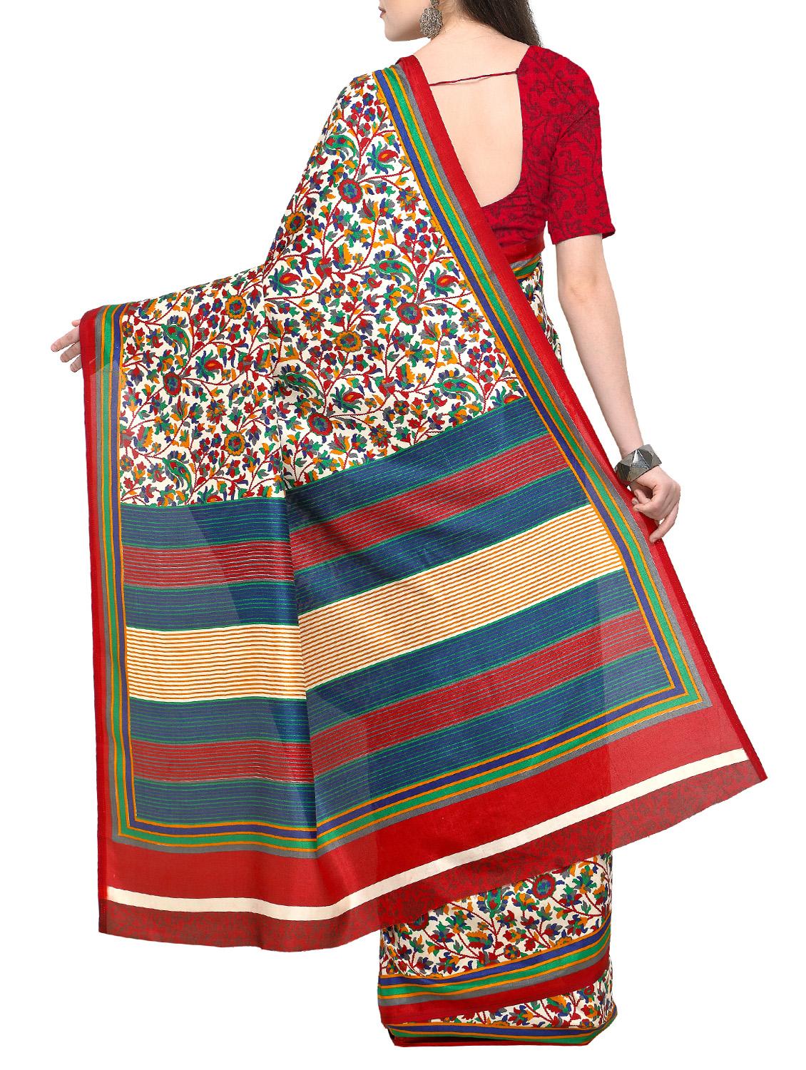 striped pallu kalamkari printed saree with blouse - 15431060 - Zoom Image - 2