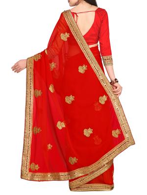 thread embroidered red saree with blouse - 15431113 - Standard Image - 2