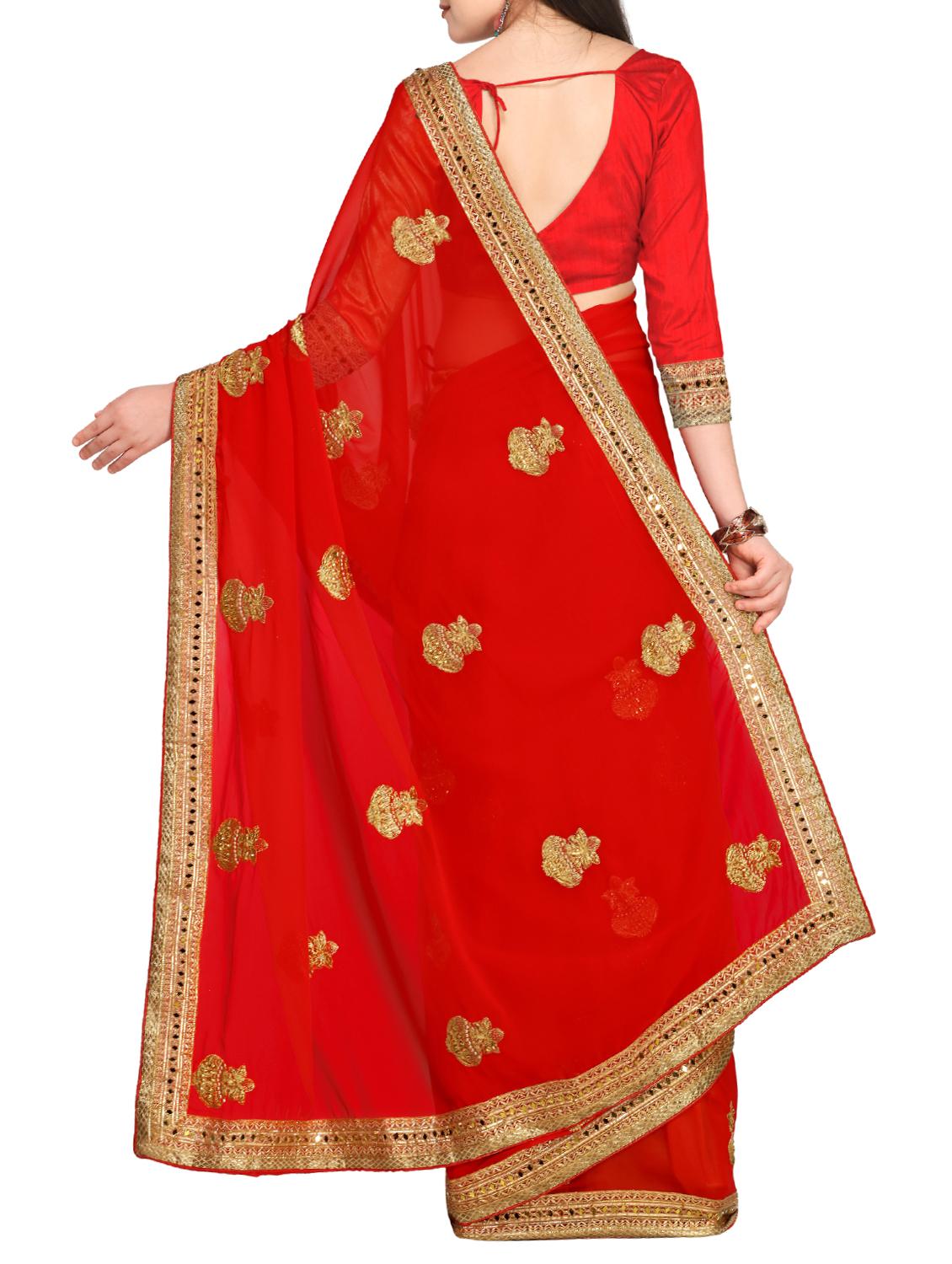 thread embroidered red saree with blouse - 15431113 - Zoom Image - 2