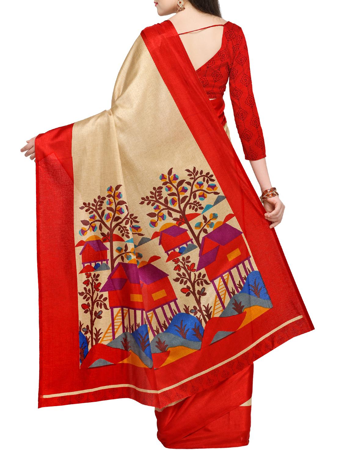 contrast border printed pallu saree with blouse - 15431132 - Zoom Image - 2