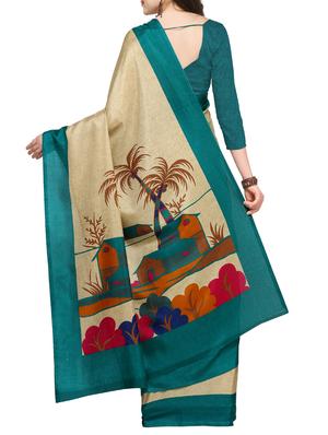 contrast border printed pallu saree with blouse - 15431133 - Standard Image - 2