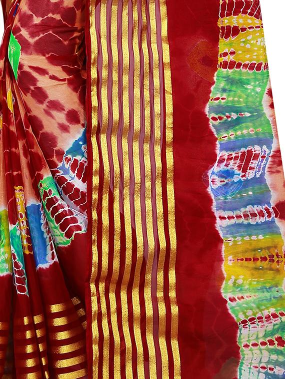 Golden stripes border shibori saree with blouse - 15433899 - Zoom Image - 2