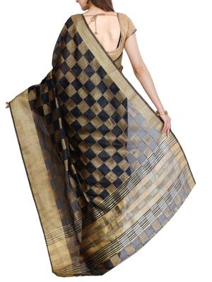 contrast checkered tussar saree with blouse - 15435663 - Standard Image - 2