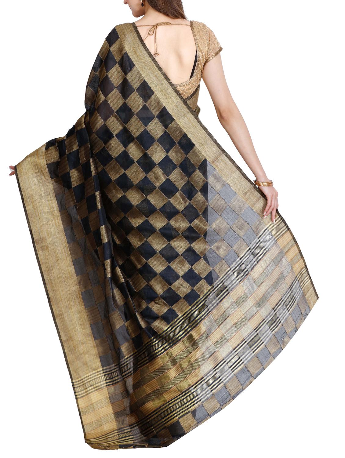 contrast checkered tussar saree with blouse - 15435663 - Zoom Image - 2