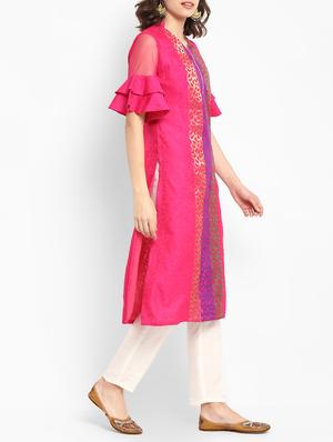 Chanderi bell seelve kurta with pant set - 15438273 - Standard Image - 2
