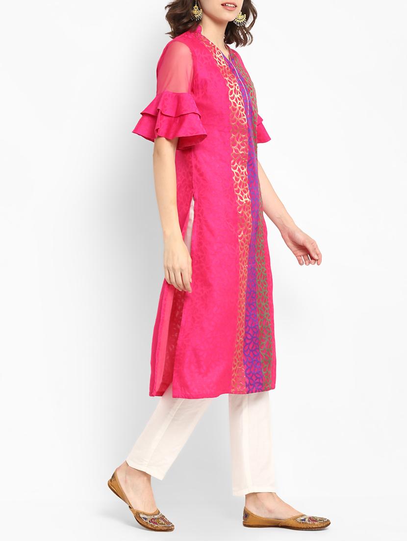Chanderi bell seelve kurta with pant set - 15438273 - Zoom Image - 2