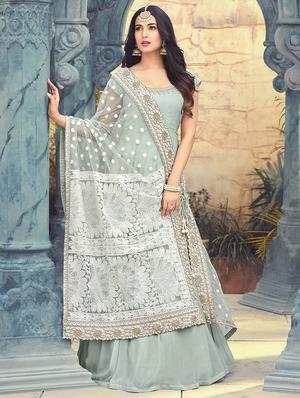 embroidered semi-stitched flared suit - 15443216 - Standard Image - 2