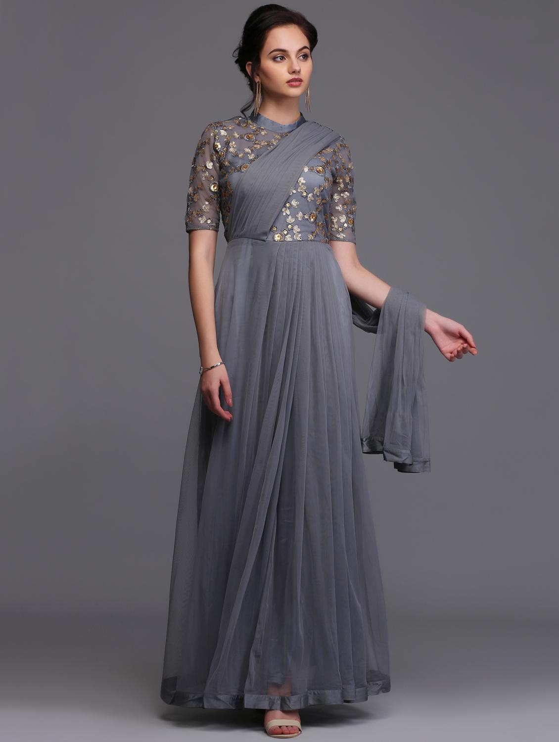 grey nylon fit & flare gown - 15445227 - Zoom Image - 2