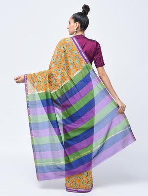 chanderi floral striped pallu saree with blouse - 15450527 - Standard Image - 2