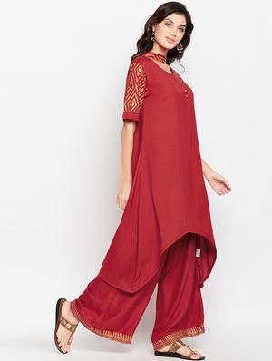 Gold printed high-low kurta with palazzo - 15455356 - Standard Image - 2