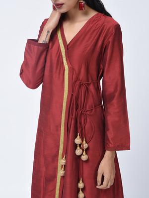 maroon silk angrakha kurta - 15456336 - Standard Image - 2