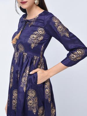 flared foil printed dress with tassels - 15456348 - Standard Image - 2