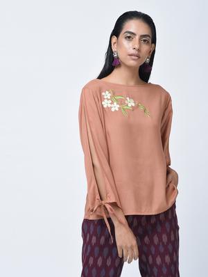 Side tie up sleeved embroidered top - 15456377 - Standard Image - 2