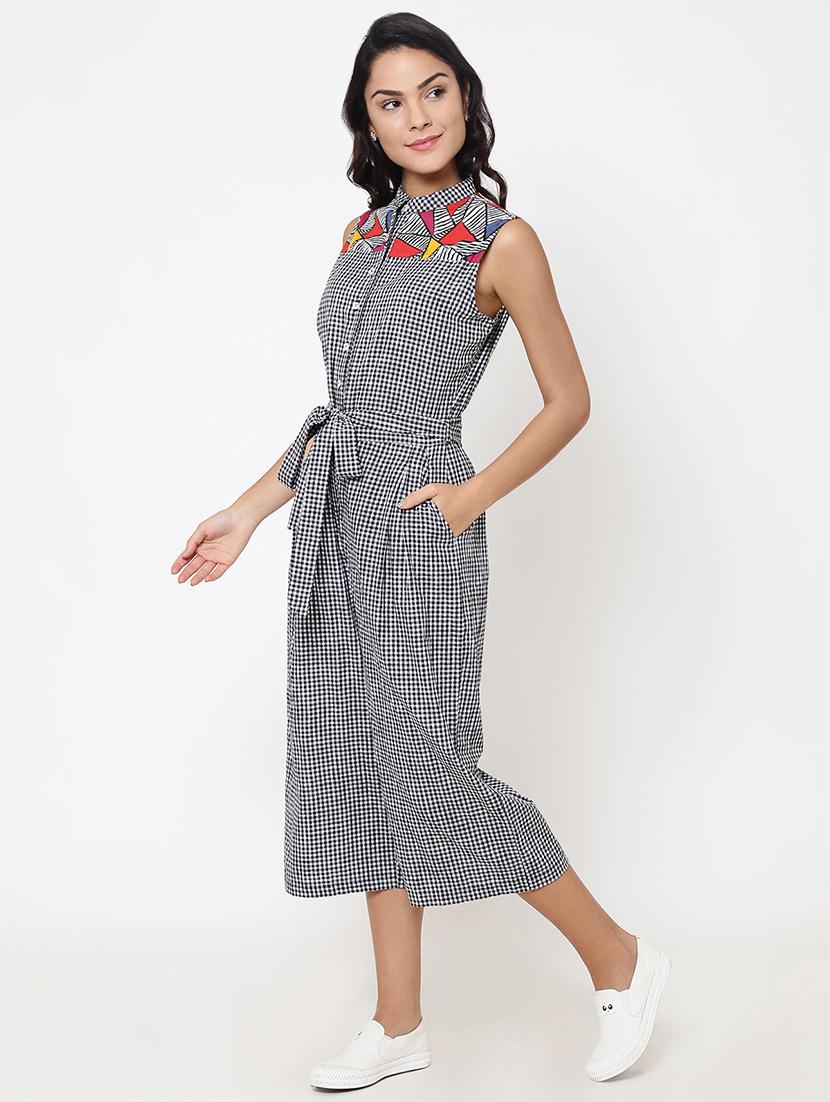 belted waistband checks print jumpsuit - 15460936 - Zoom Image - 2