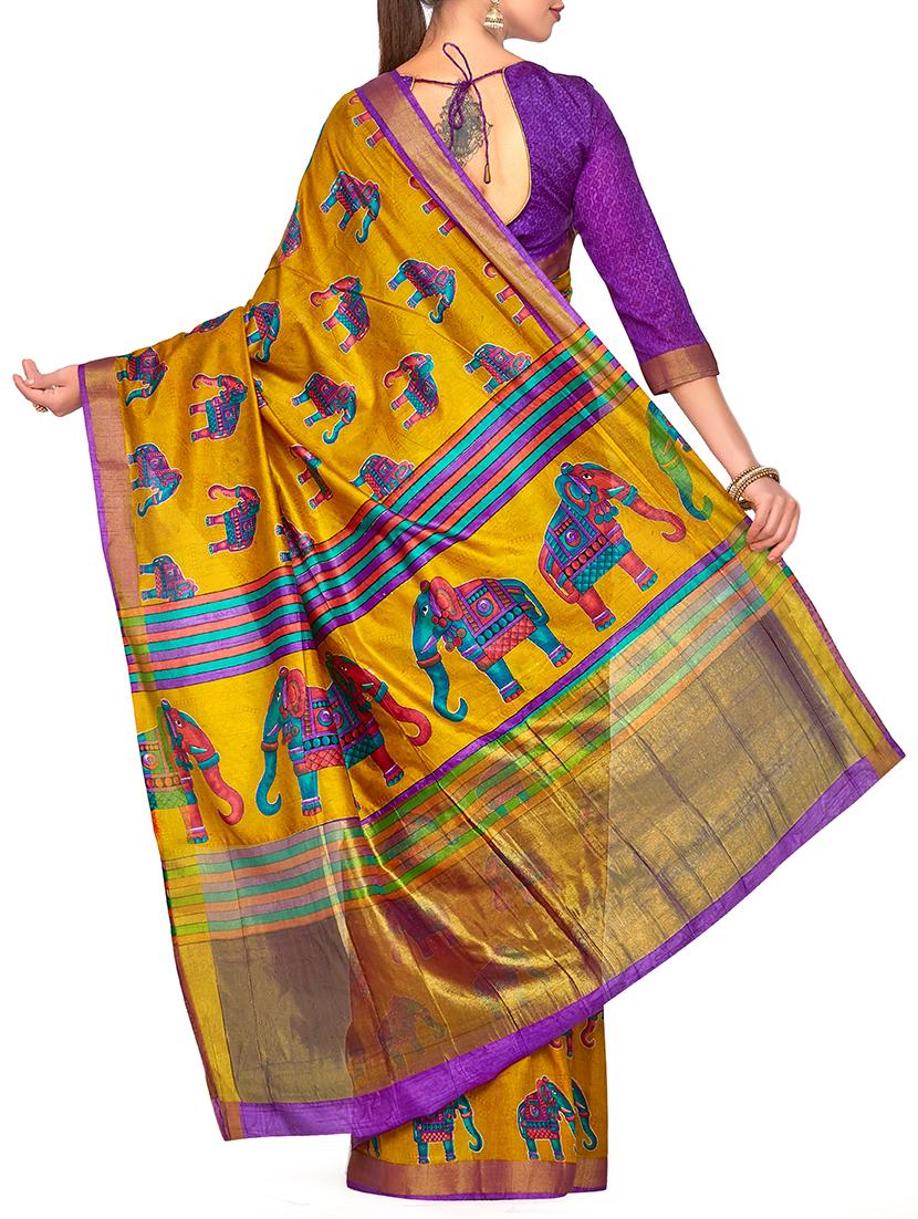 zari border conversational printed saree with blouse - 15464009 - Zoom Image - 2