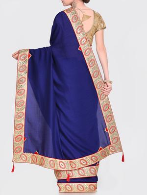 contrast embroidered border navy blue saree with blouse - 15469464 - Standard Image - 2