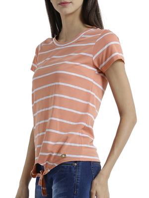 peach short sleeved striped top with tie up front - 15471272 - Standard Image - 2