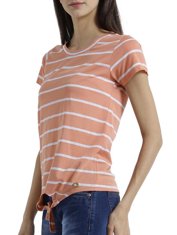 peach short sleeved striped top with tie up front - 15471272 - Zoom Image - 2