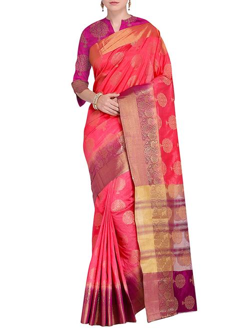 contrast zari motif woven saree with blouse - 15475437 - Standard Image - 1