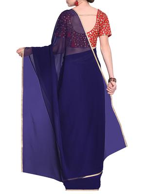 lace border navy blue plain saree with blouse - 15475438 - Standard Image - 2