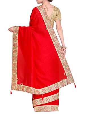 contrast embroidered border red saree with blouse - 15475444 - Standard Image - 2