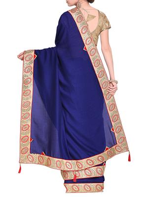 contrast embroidered border navy blue saree with blouse - 15475445 - Standard Image - 2