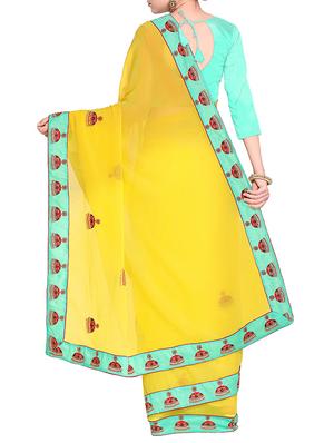 conversational embroidered yellow saree with blouse - 15475446 - Standard Image - 2